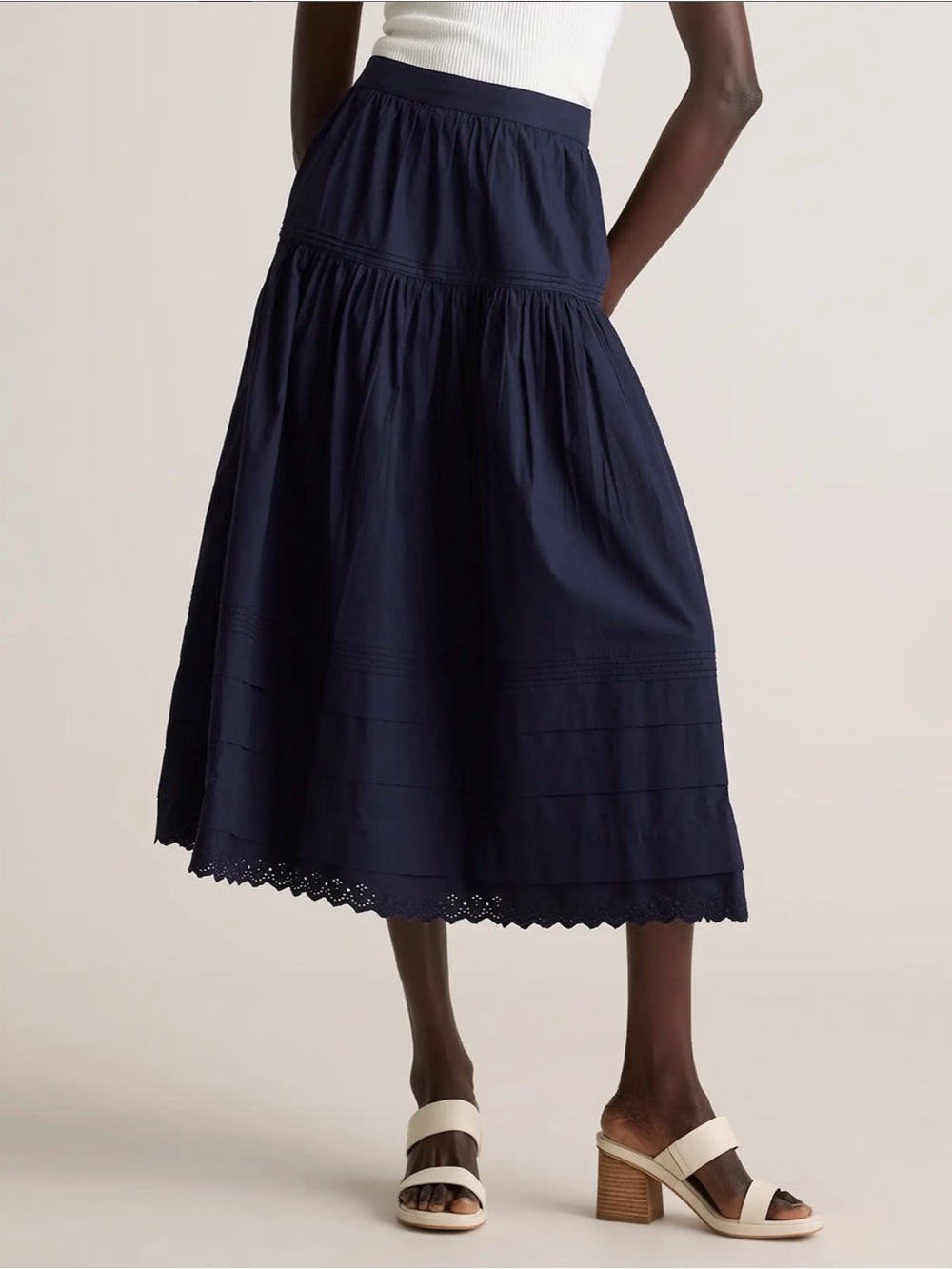 🤎Quince🤎 Tiered Cotton Poplin Pintuck Maxi Skirt (XS) Navy